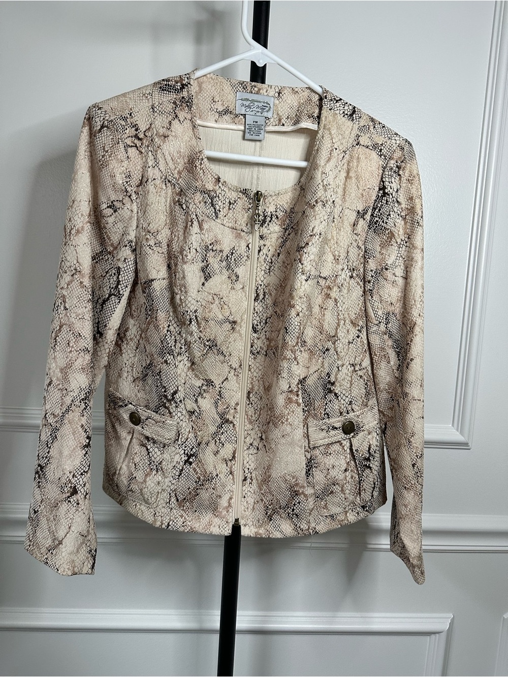 Vintage Petite Snakeskin Print Zip-Front Jacket - Beige
